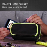 Black pouch with yellow trim holding a smartphone next to darts