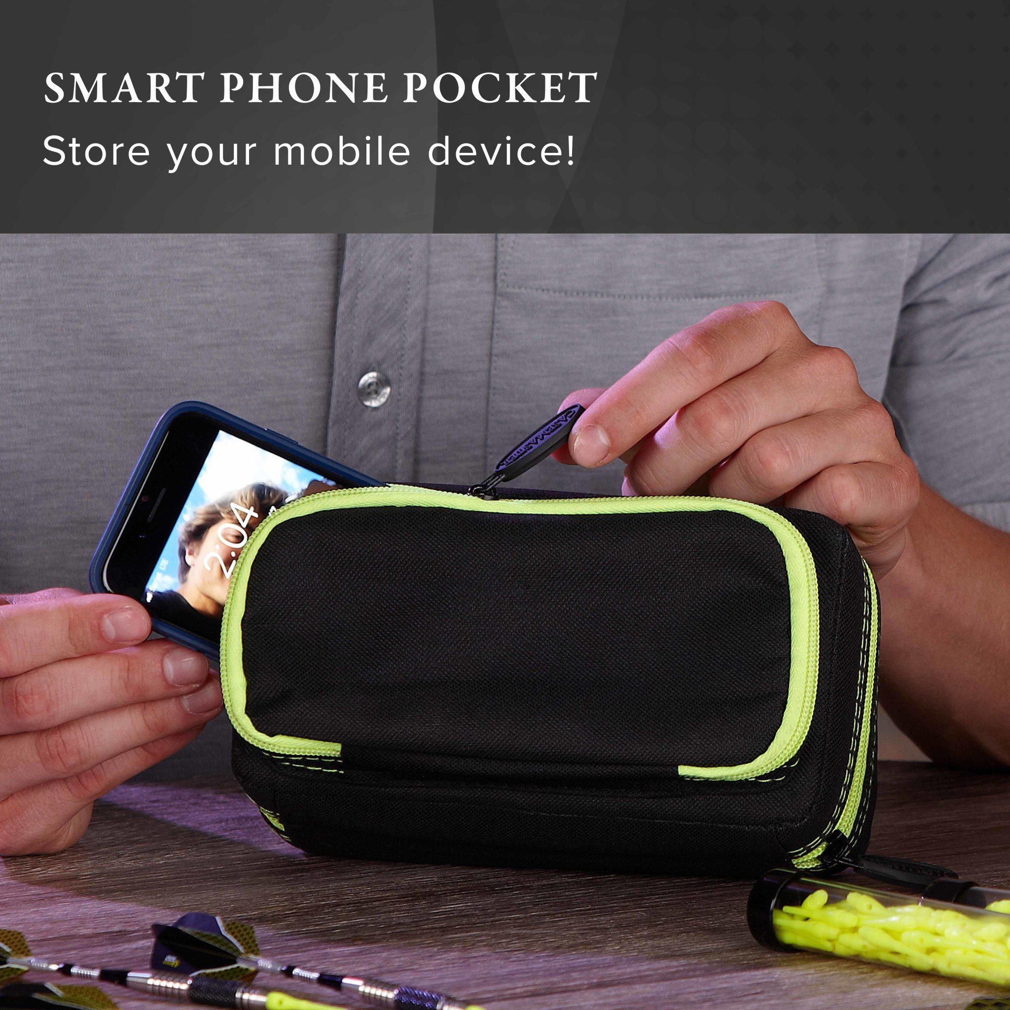 Black pouch with yellow trim holding a smartphone next to darts