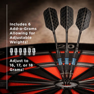 Three darts with blue grip rings in a red and black dartboard with weight inserts displayed