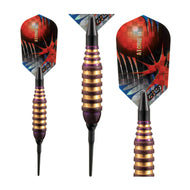 Three darts with red and blue geometric flights and purple and gold banded grips