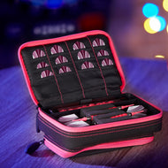 Open dart case with pink trim and black interior holding darts with striped flights