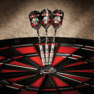 Three darts with black "Slammer" flights stuck in the center of a red and black dartboard