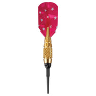 Single dart with bright pink flight printed with gray stars, gold shaft and knurled grip, black tip