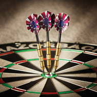 Three darts with red, pink, and white striped flights and brass bodies in the bullseye of a dartboard