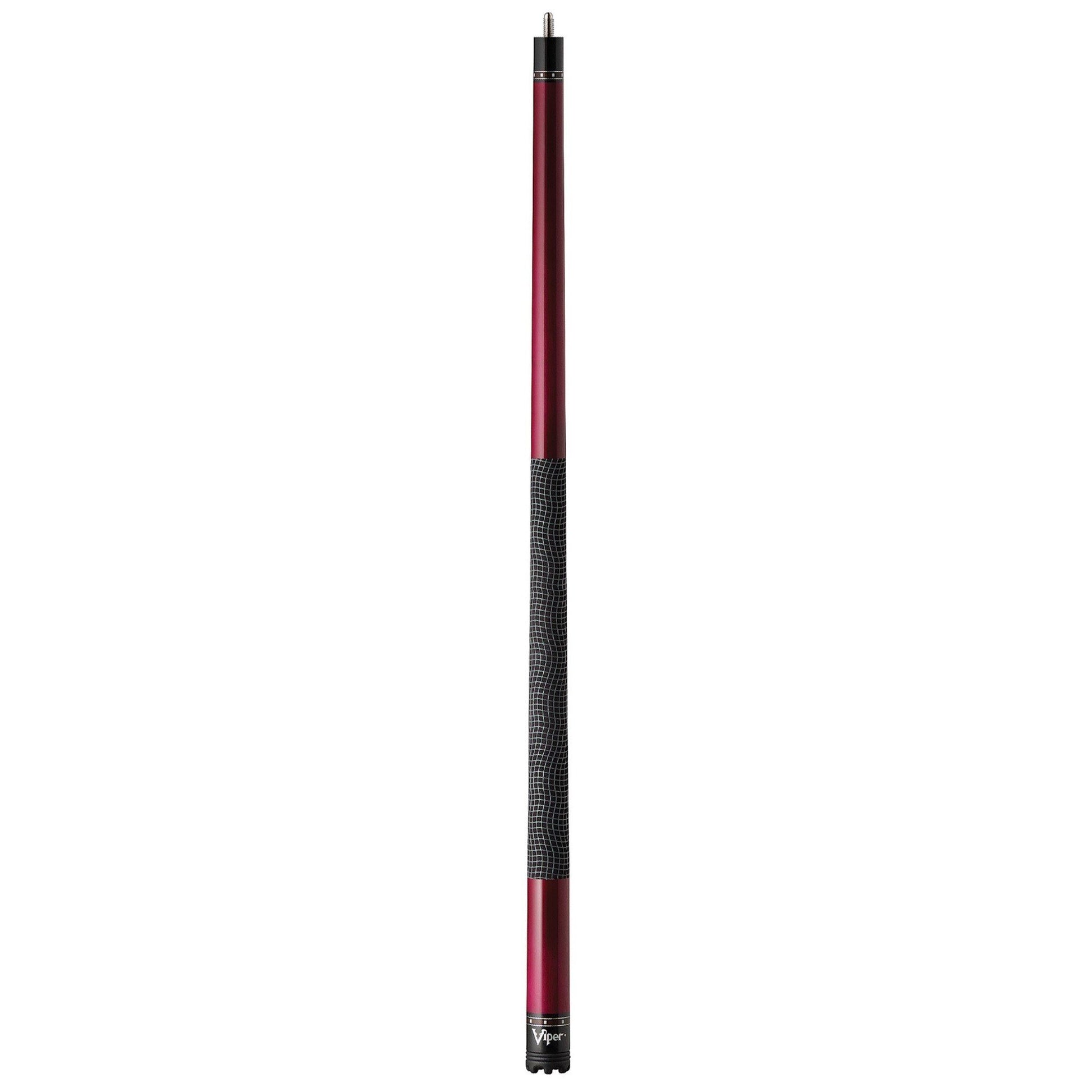 Burgundy and black billiard cue stick with textured grip section and black ferrule and joint