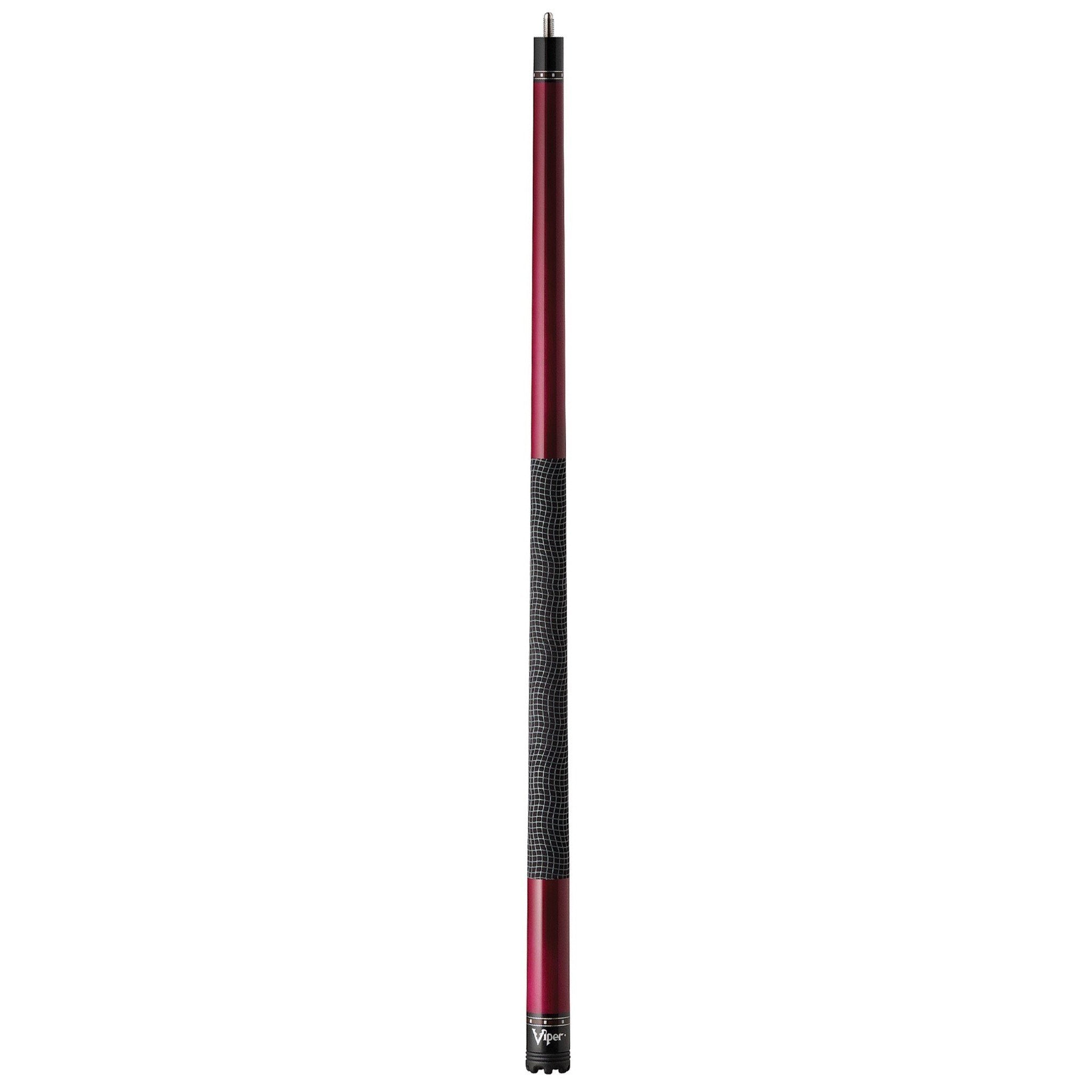 Burgundy and black billiard cue stick with textured grip section and black ferrule and joint