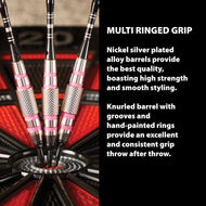 Three darts with silver barrels, pink grip rings, and knurled sections in a dartboard flight holder