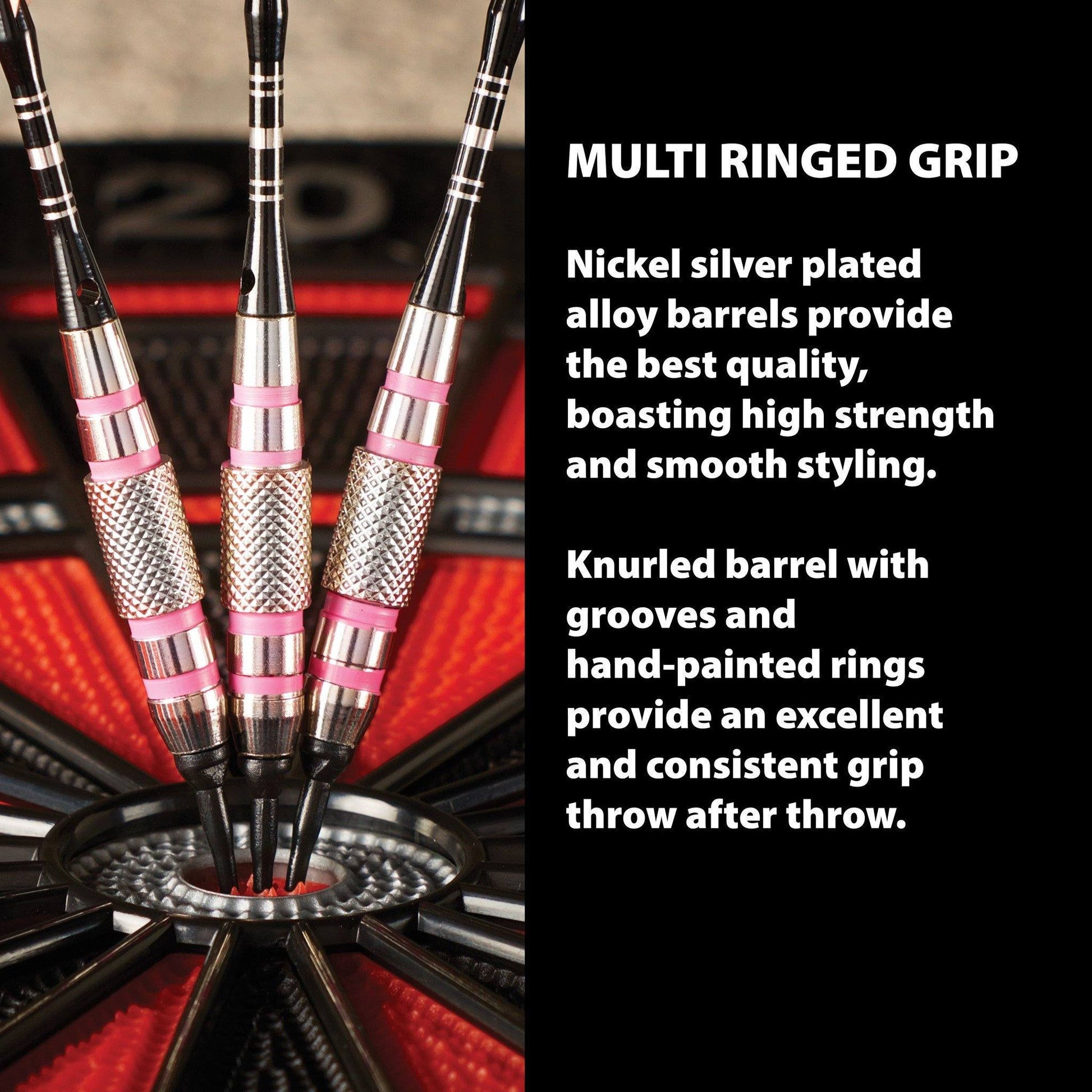 Three darts with silver barrels, pink grip rings, and knurled sections in a dartboard flight holder