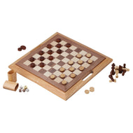 Wooden board with dark and light wood game pieces, chess pieces, and dice