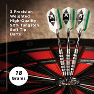 Three darts with white flights and green stripes over a red and black dartboard