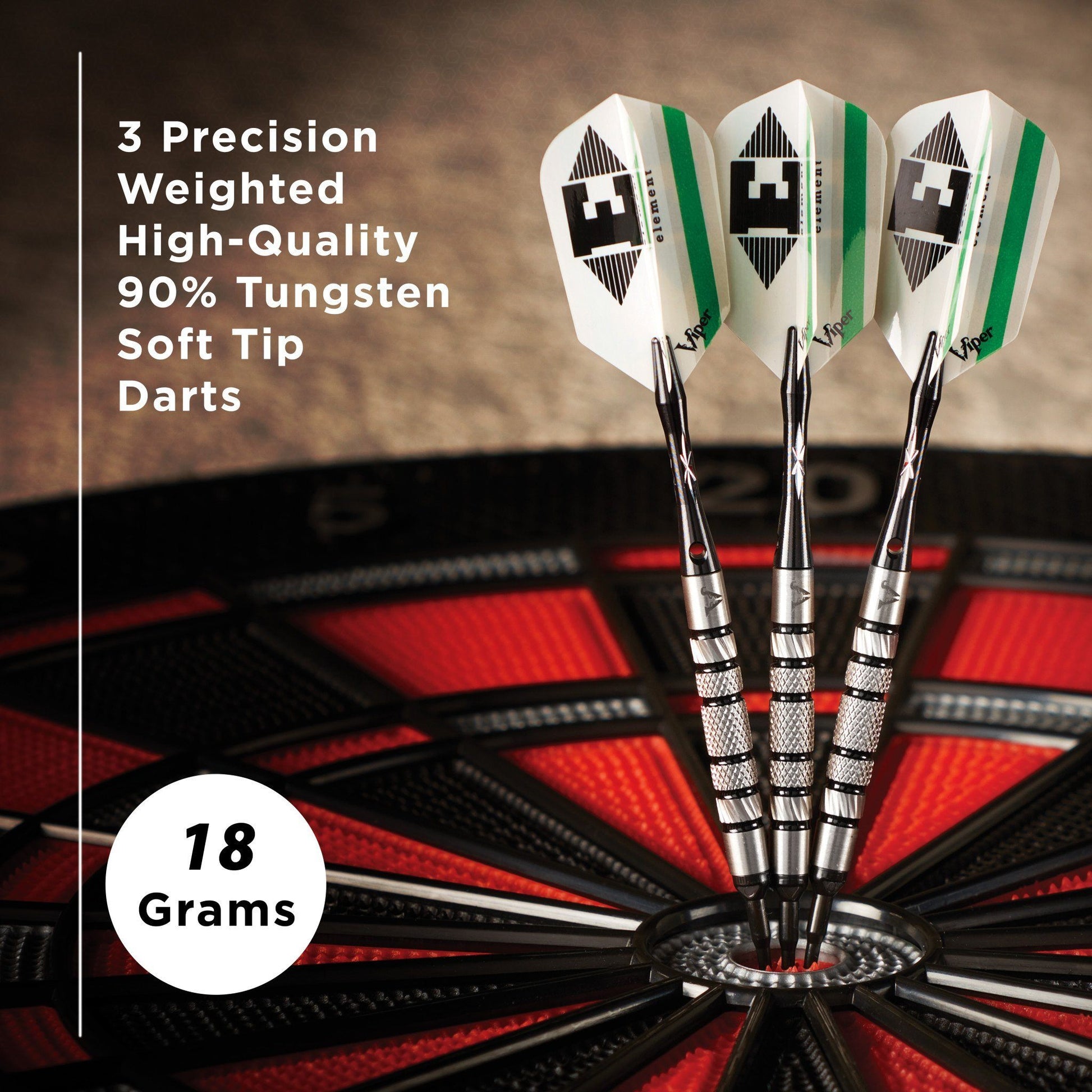 Three darts with white flights and green stripes over a red and black dartboard