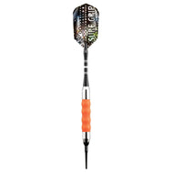 Dart with black textured flight, black shaft with white bands, orange grip section