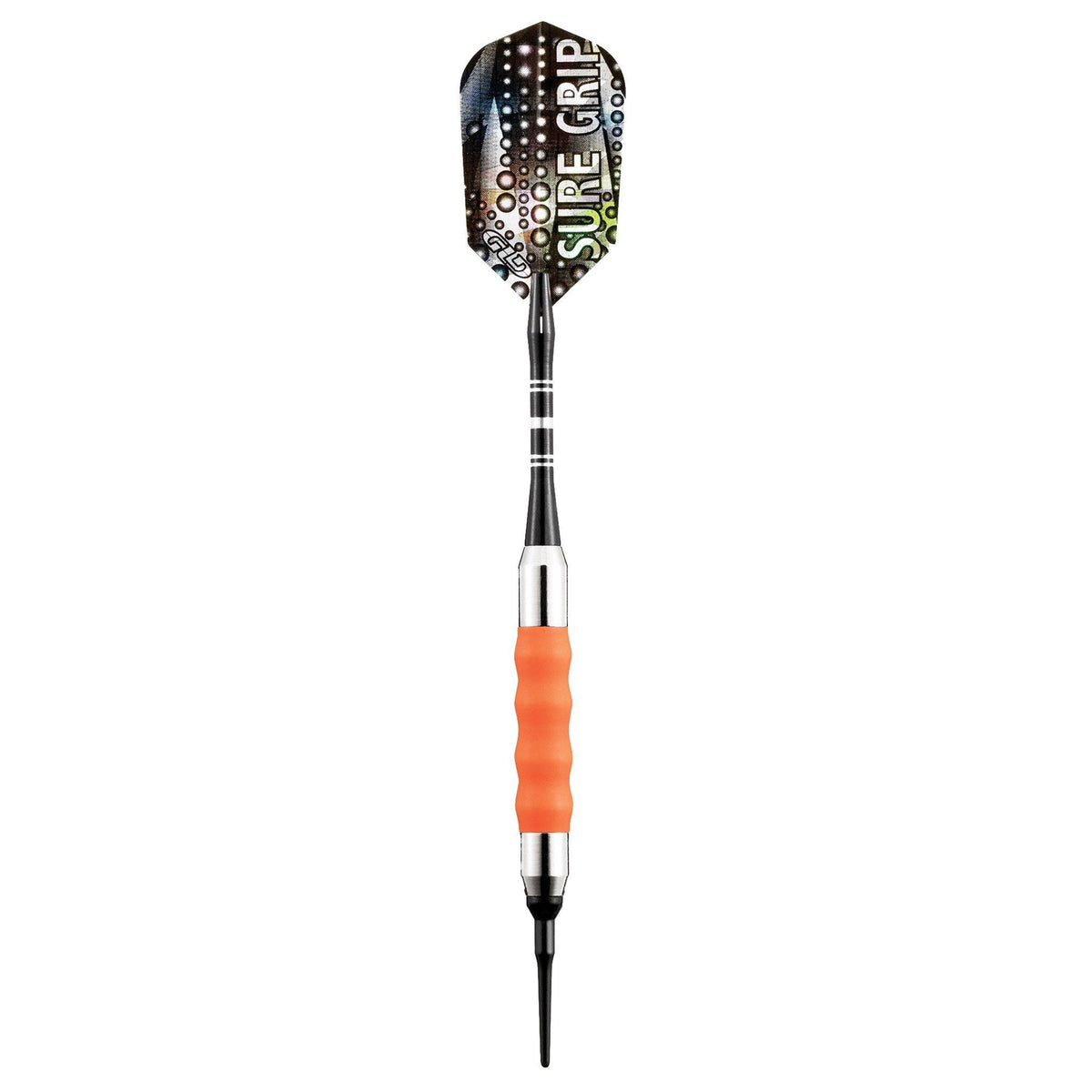 Dart with black textured flight, black shaft with white bands, orange grip section