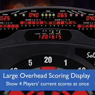 Dart machine scoring display showing four players' scores in red digits and dartboard segments