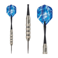 Three darts with blue lightning-patterned flights and silver barrels