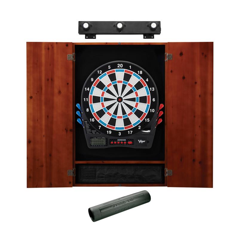 Viper Showdown Electronic Dartboard, Metropolitan Cinnamon Cabinet, Dart Mat & Shadow Buster Dartboard Light Bundle Darts Viper 