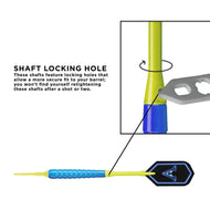 Diagram of yellow dart shaft with blue grip and black flight showing locking hole feature