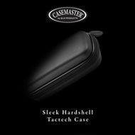 Black cylindrical dart case with zippered compartment and pull tab, Casemaster brand logo embossed on surface