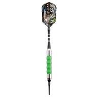 Black and silver dart with perforated head, black shaft with white bands, and green textured grip section