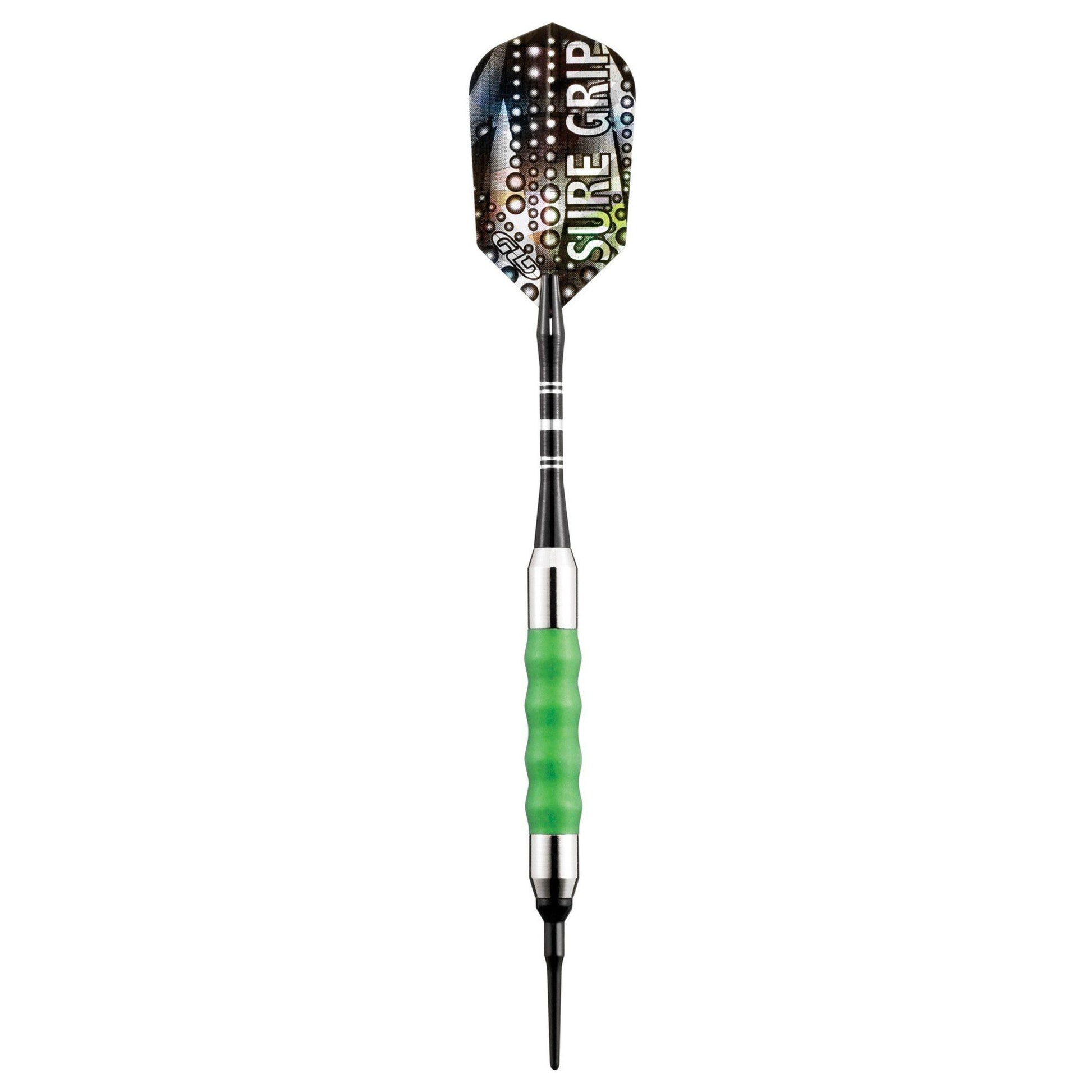 Black and silver dart with perforated head, black shaft with white bands, and green textured grip section