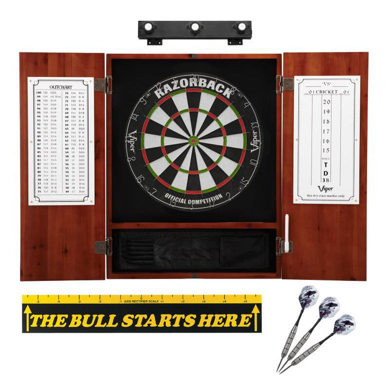 Viper Razorback Sisal Dartboard, Metropolitan Cinnamon Cabinet, Shadow Buster Dartboard Lights & "The Bull Starts Here" Throw Line Marker Darts Viper 