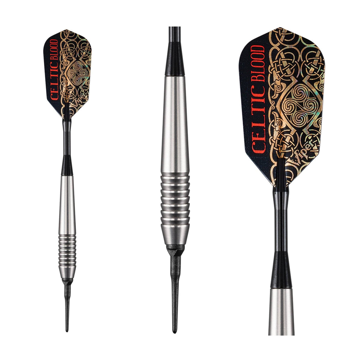 Three-panel: dart upright, barrel close-up, and Celtic Blood black flight with gold knotwork.