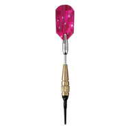 Dart with hot pink flight decorated with white stars, silver shaft, brass-colored grip, and black point
