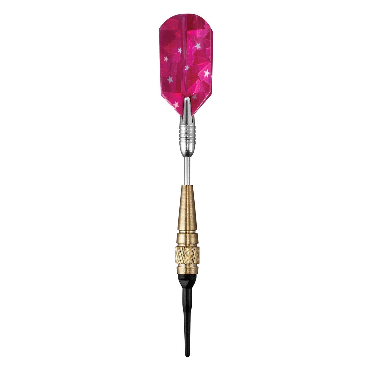 Dart with hot pink flight decorated with white stars, silver shaft, brass-colored grip, and black point