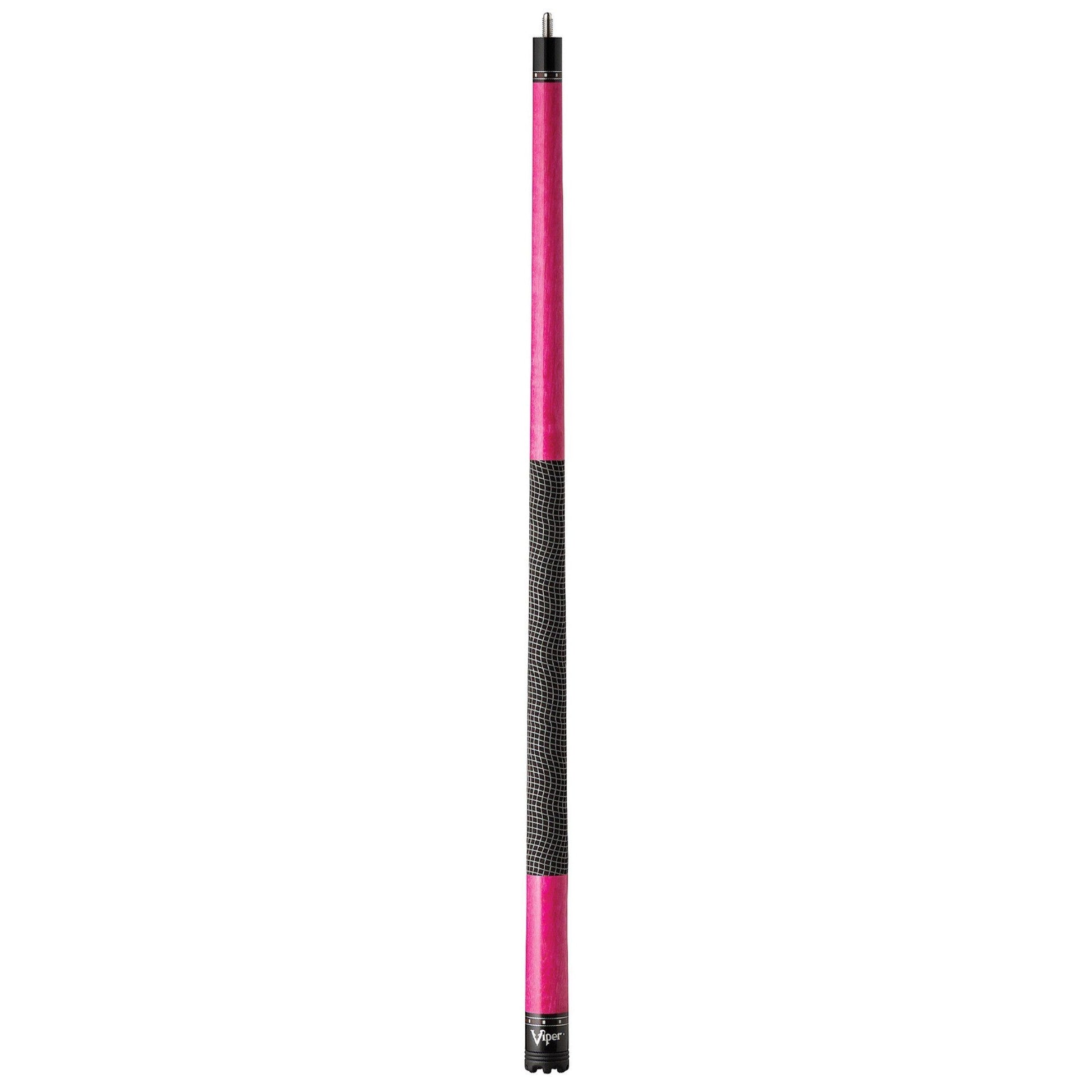 Pink and black billiards cue stick with mesh grip in center