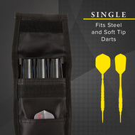 Black dart case with multiple pockets holding silver darts and accessories, displayed next to two yellow darts