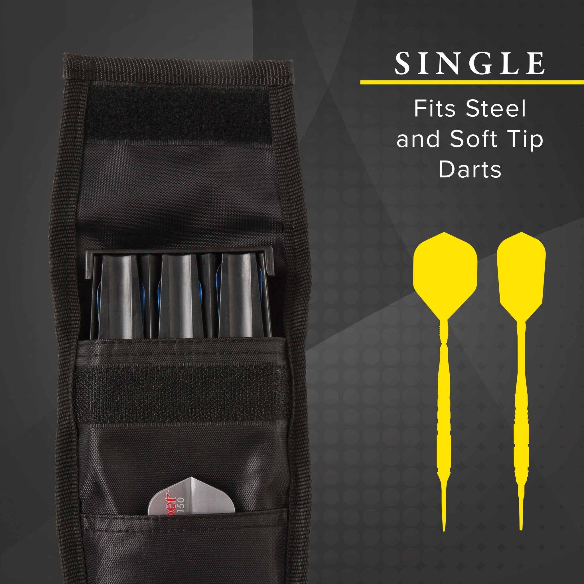 Black dart case with multiple pockets holding silver darts and accessories, displayed next to two yellow darts