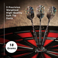 Three soft tip darts with colorful flights on a red and black dartboard