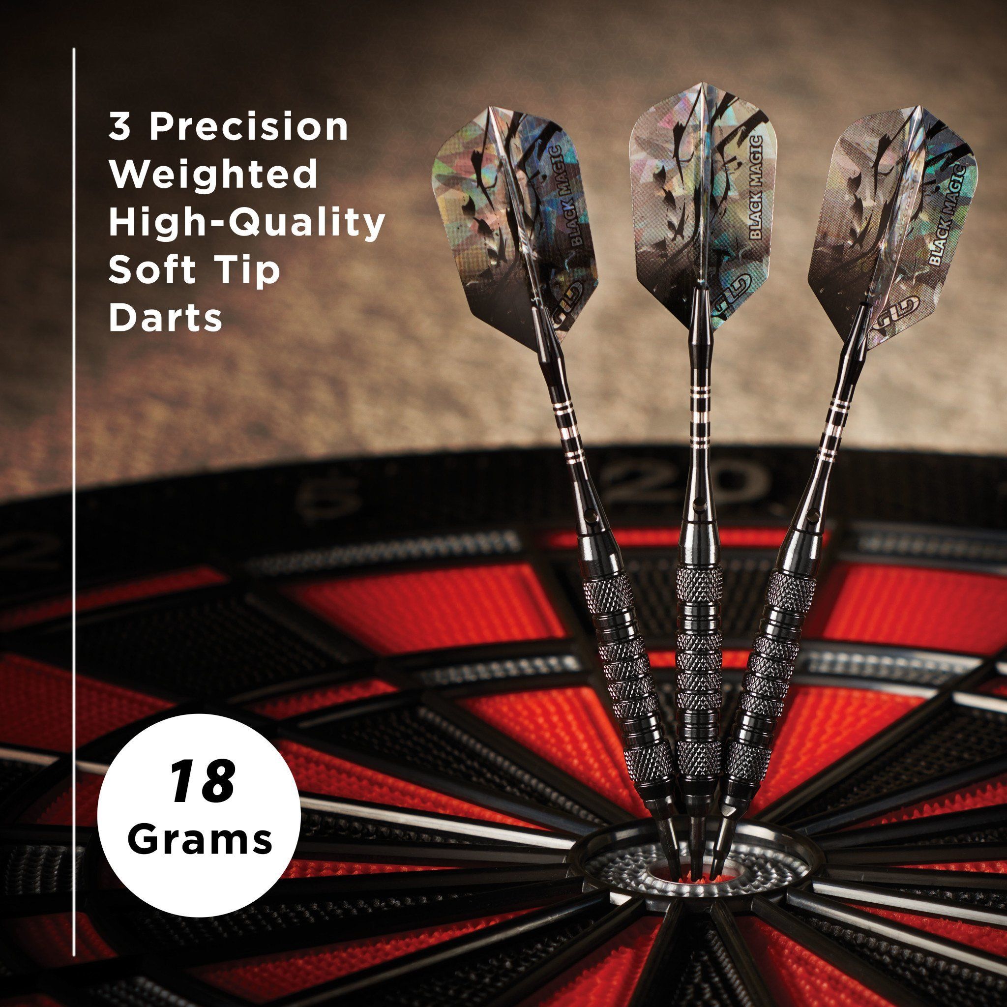 Three soft tip darts with colorful flights on a red and black dartboard