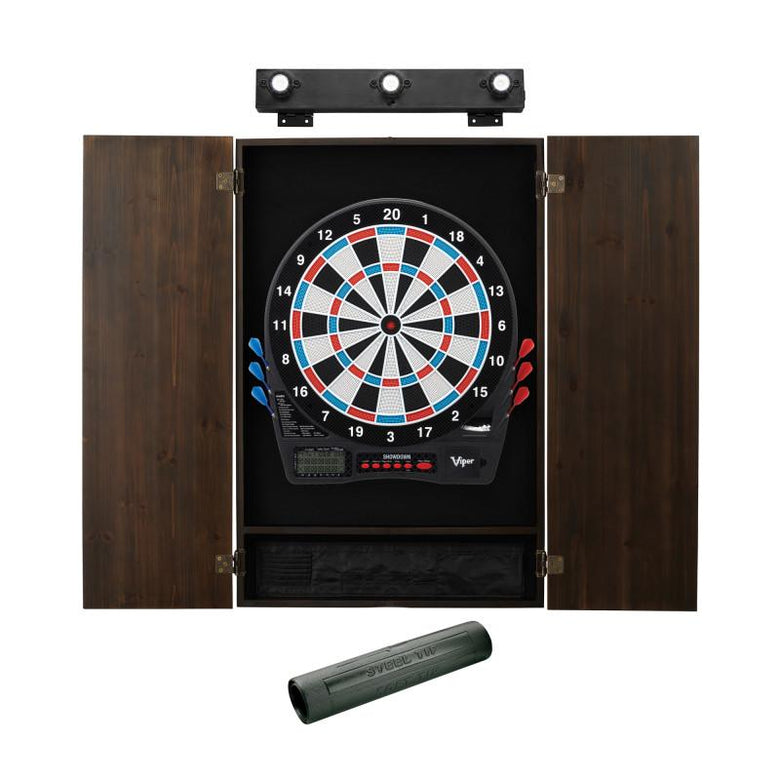 Viper Showdown Electronic Dartboard, Metropolitan Espresso Cabinet, Dart Mat & Shadow Buster Dartboard Light Bundle Darts Viper 