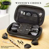 Black zippered dart case with compartments holding darts, flights, and accessories, shown open and closed