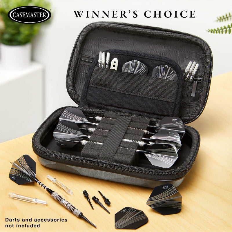 Black zippered dart case with compartments holding darts, flights, and accessories, shown open and closed