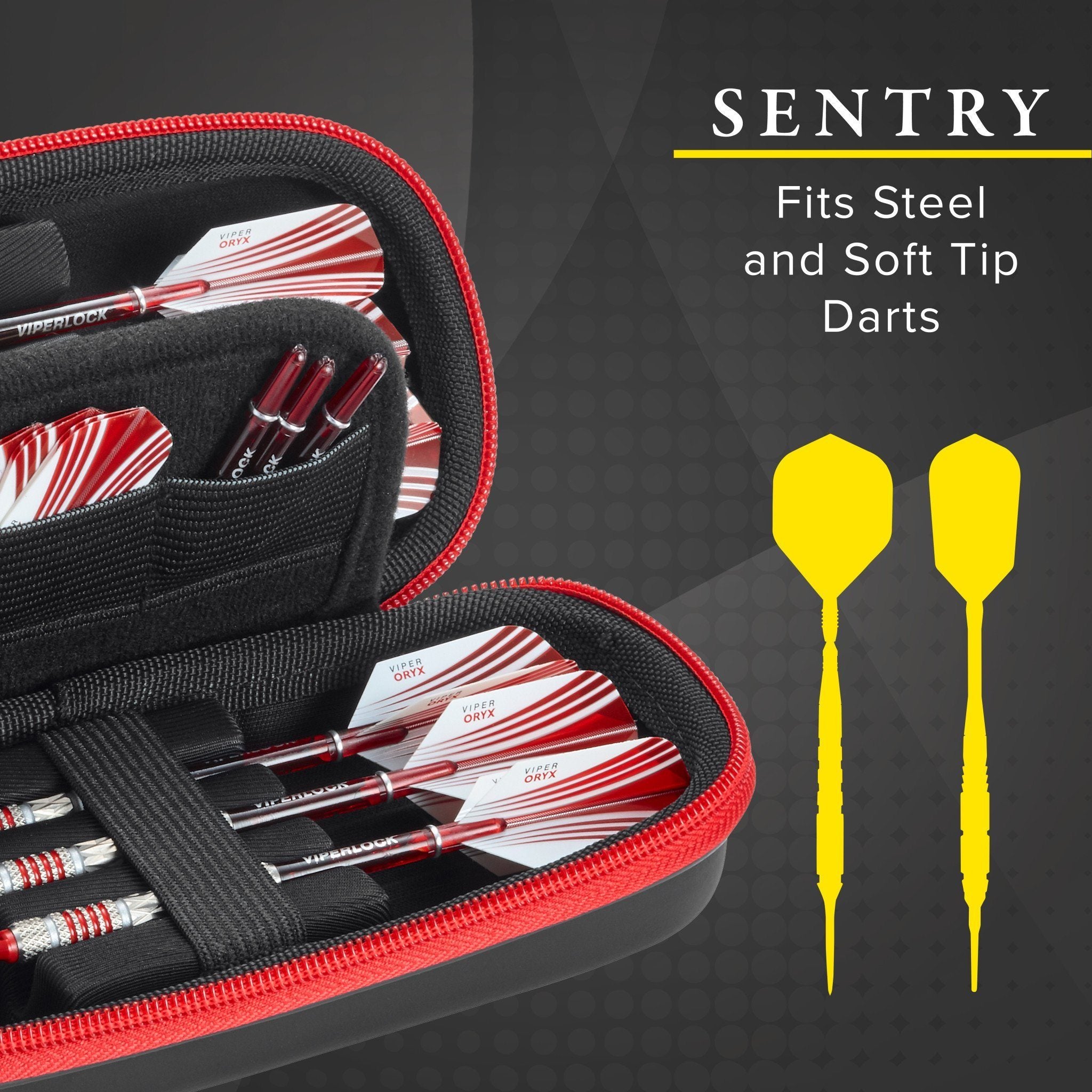 Open dart case with red zipper displaying red and white striped darts and yellow flight shapes