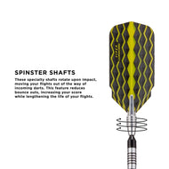 Dart flight with yellow and gray wavy pattern, metal shaft with spiral grooves, and black grip sleeve at base