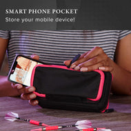 Black neoprene pouch with neon pink trim and smartphone in front pocket