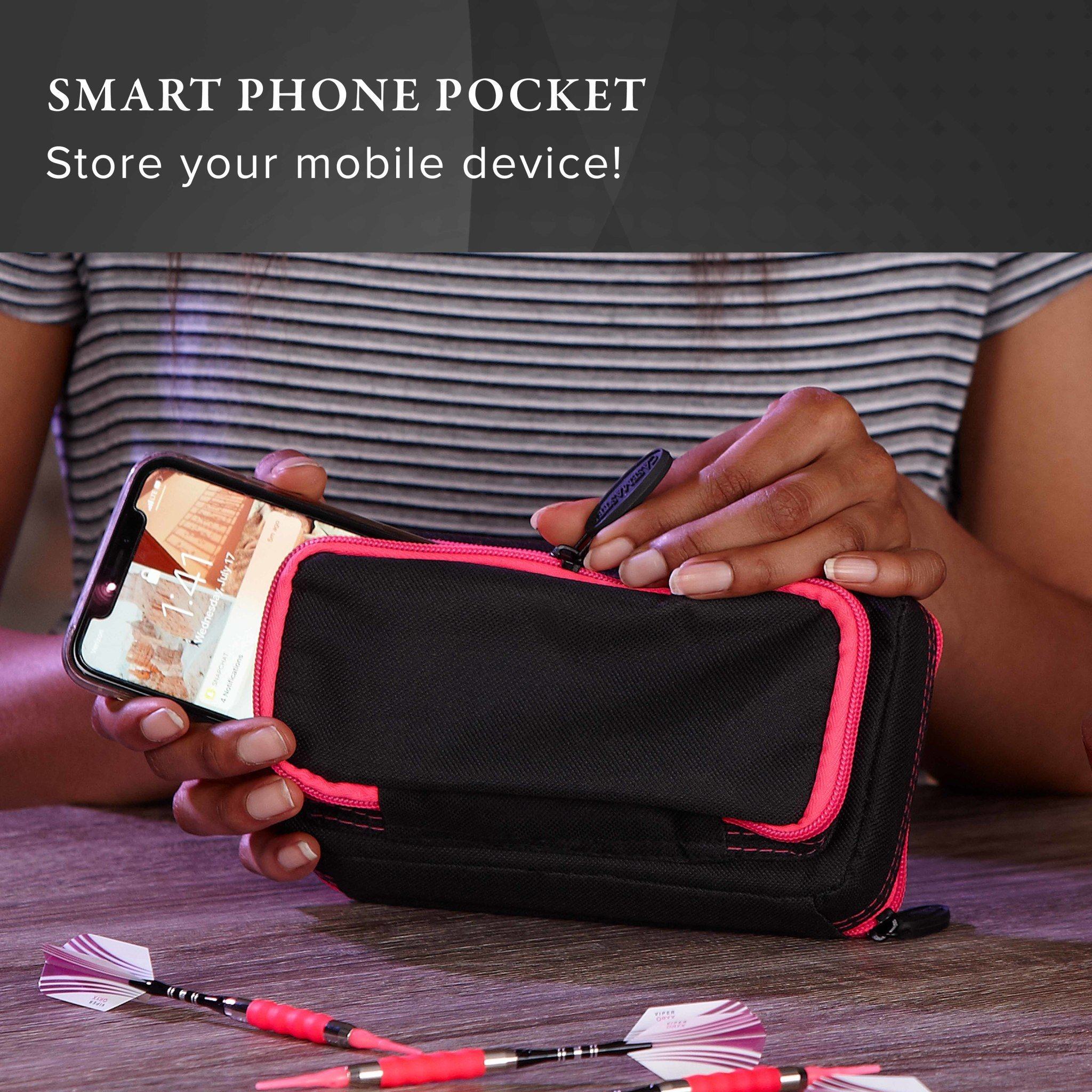 Black neoprene pouch with neon pink trim and smartphone in front pocket