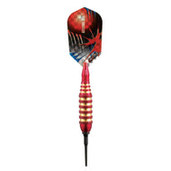 Dart with red and black flights featuring geometric design, red grip with gold bands, and black tip