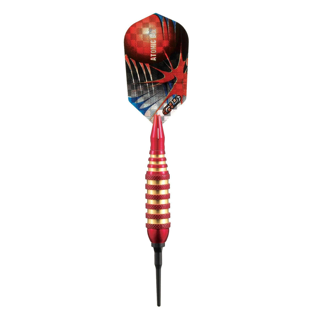 Dart with red and black flights featuring geometric design, red grip with gold bands, and black tip