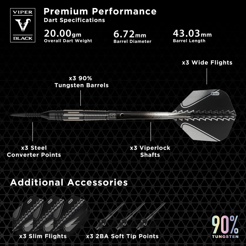 Viper Black Flux 90% Tungsten Steel or Soft Tip Conversion Darts Black/Silver 20 Grams