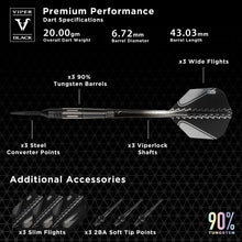 Load image into Gallery viewer, Viper Black Flux 90% Tungsten Steel or Soft Tip Conversion Darts Black/Silver 20 Grams
