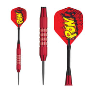 Three darts with red flights printed with yellow "POW" text and black barrels with white grip bands