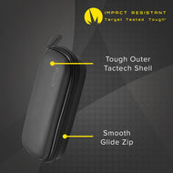 Black dart case with labeled zipper and shell features shown in side view