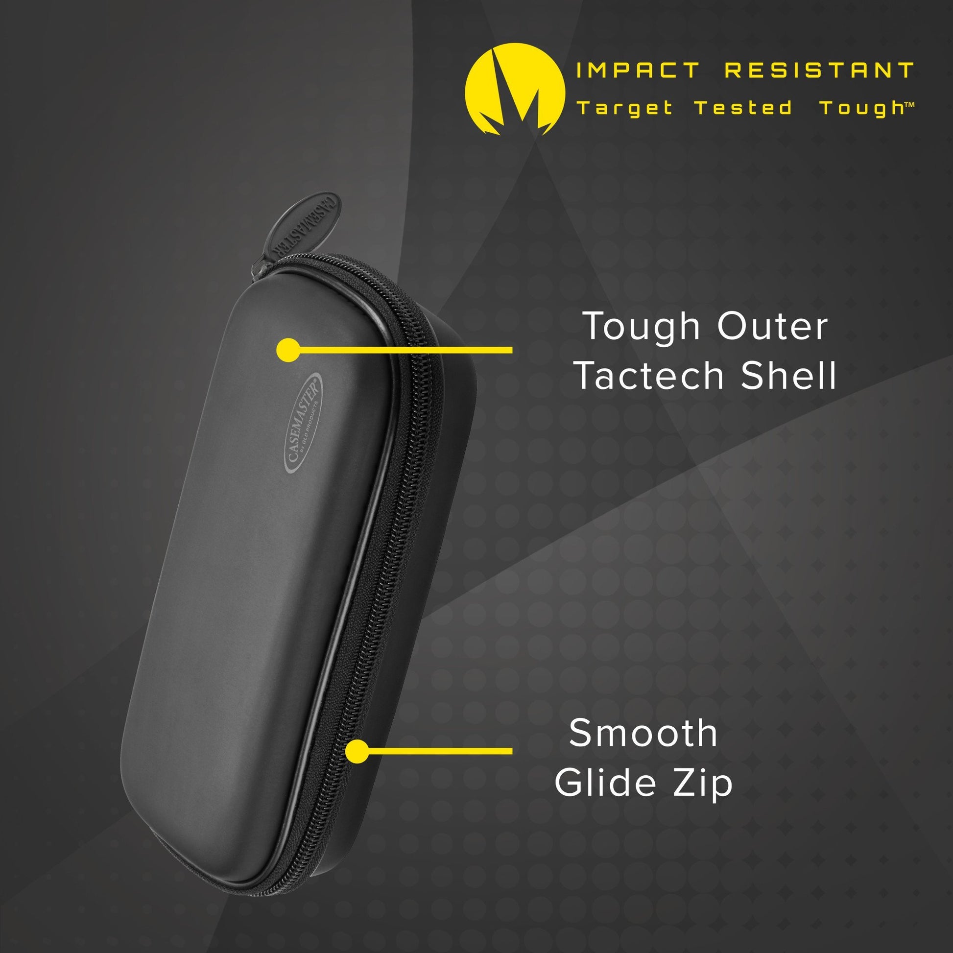 Black dart case with labeled zipper and shell features shown in side view