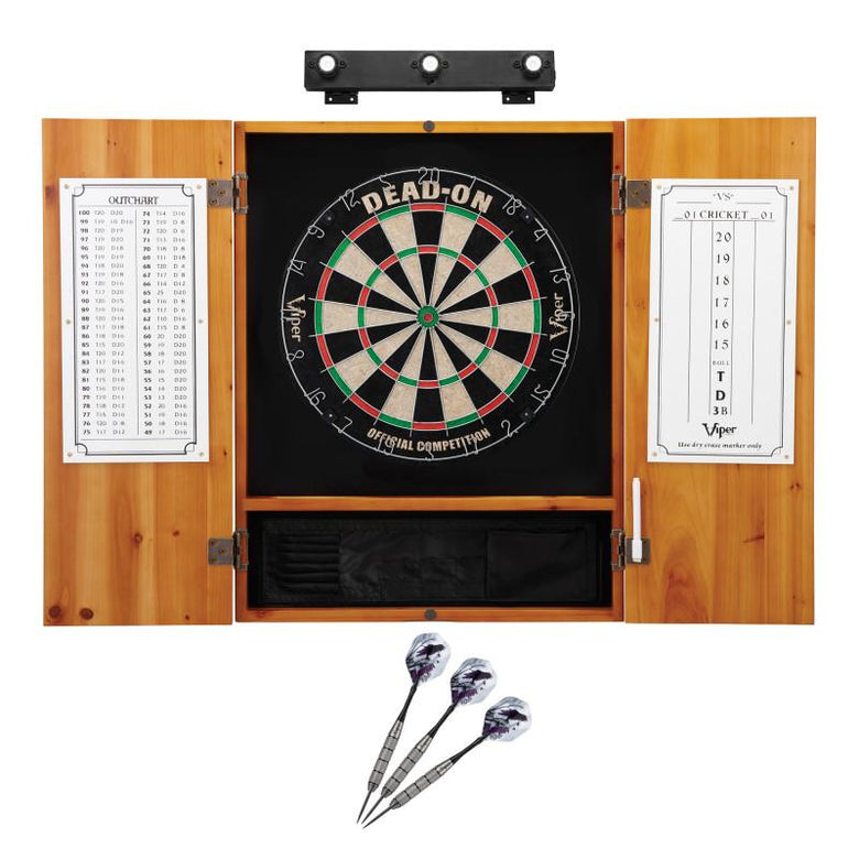 Viper Dead On Sisal Dartboard, Metropolitan Oak Cabinet, Underground The Raven Steel Tip Darts & Shadow Buster Dartboard Lights Darts Viper 