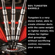Three silver tungsten darts with grooved barrels and black flights displayed in a dartboard with red lighting