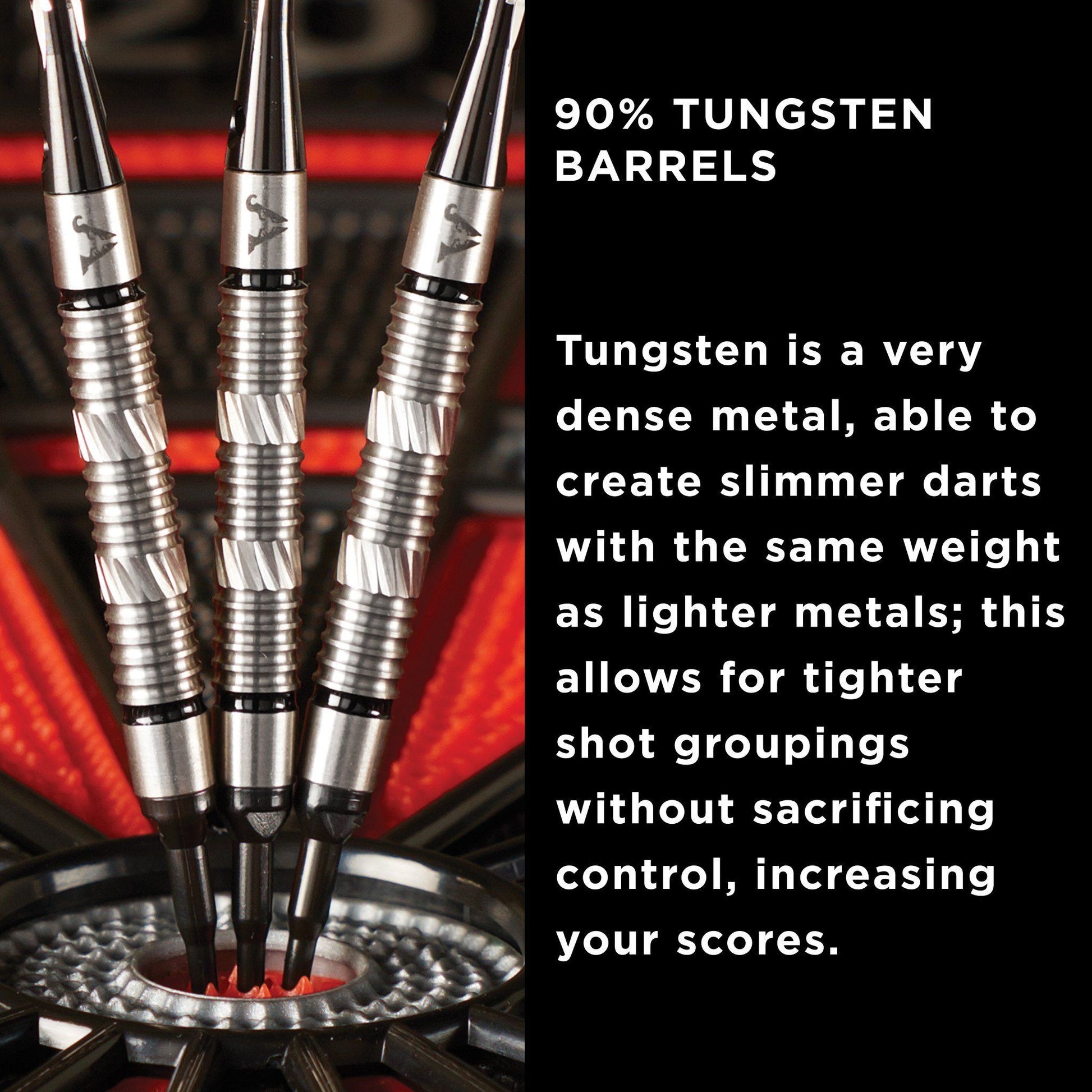 Three silver tungsten darts with grooved barrels and black flights displayed in a dartboard with red lighting